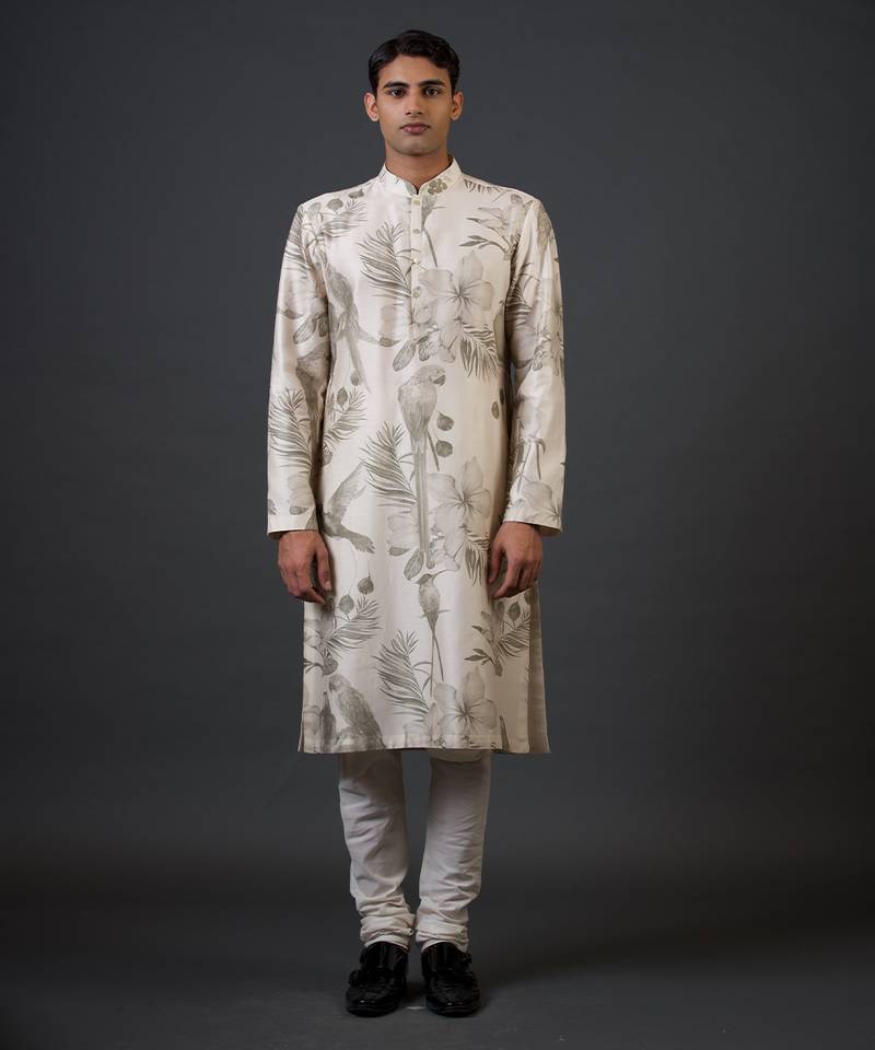 White digital printed chanderi silk kurta pajama