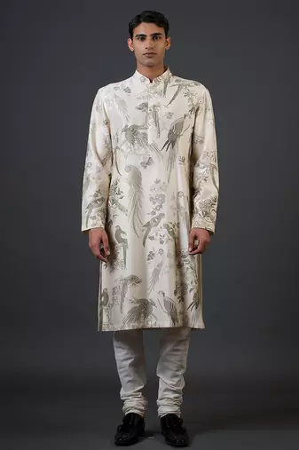 White digital printed chanderi silk kurta pajama