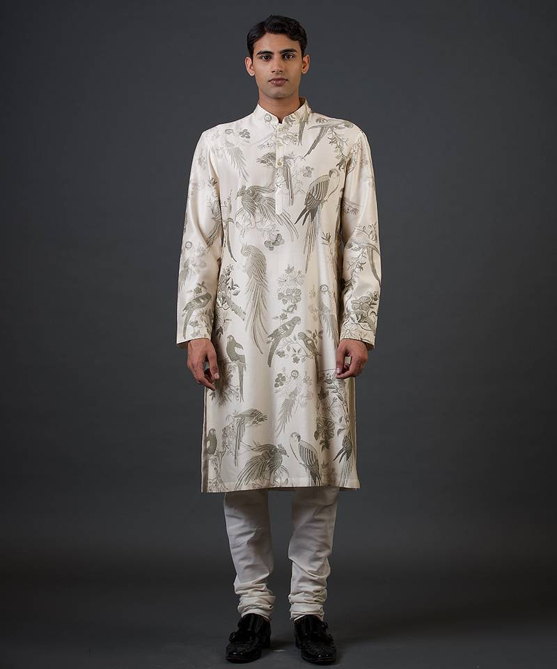 White digital printed chanderi silk kurta pajama