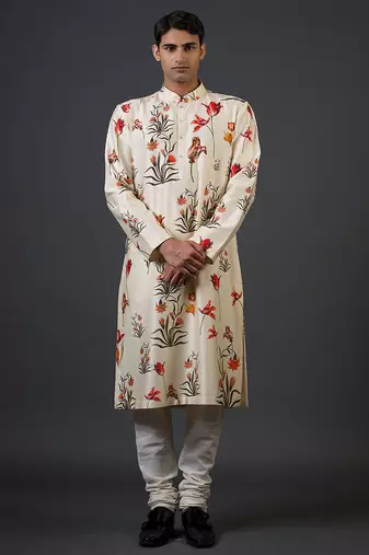 White digital printed chanderi silk kurta pajama