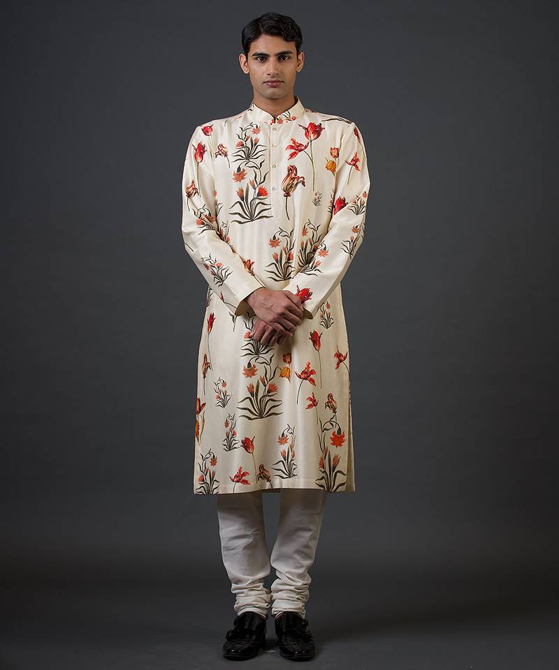 White digital printed chanderi silk kurta pajama