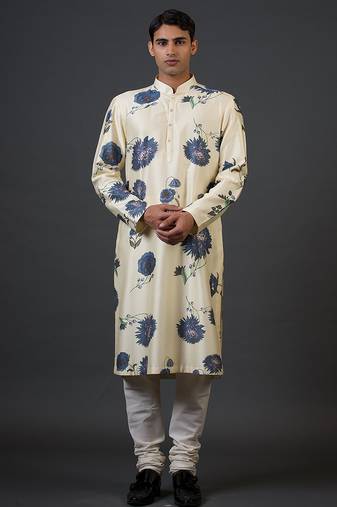 White floral printed chanderi silk kurta pajama