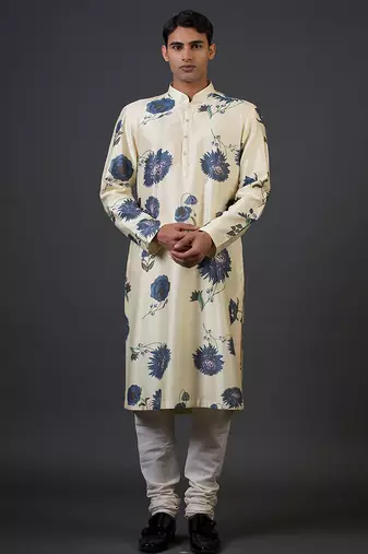 White floral printed chanderi silk kurta pajama