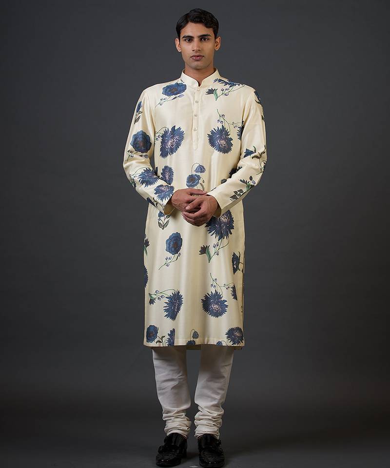 White floral printed chanderi silk kurta pajama