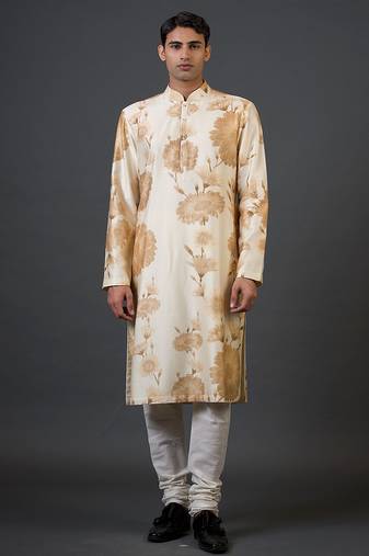 White floral printed chanderi silk kurta pajama