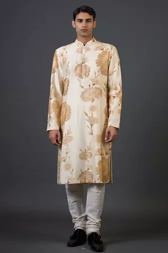 White floral printed chanderi silk kurta pajama