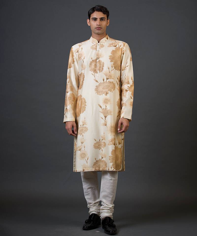 White floral printed chanderi silk kurta pajama