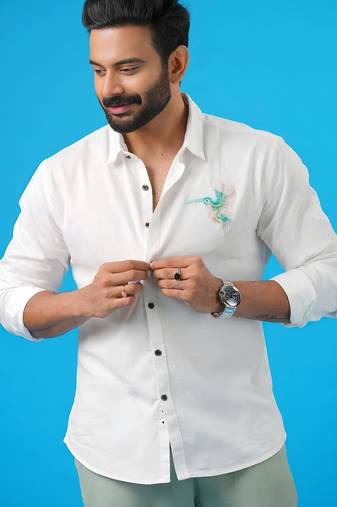 White soar embroided cotton shirt for mens
