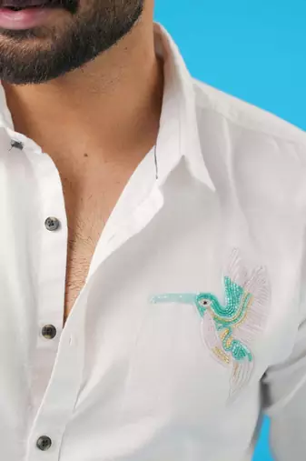 White soar embroided cotton shirt for mens