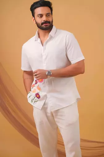 White flora embroided cotton shirt for mens