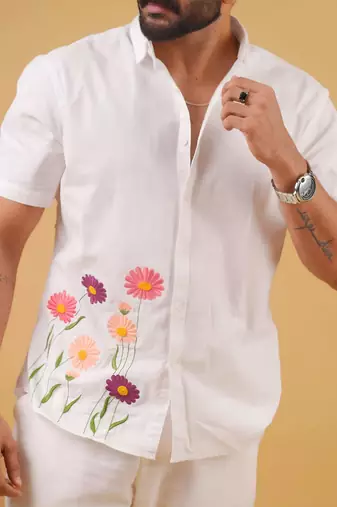White flora embroided cotton shirt for mens