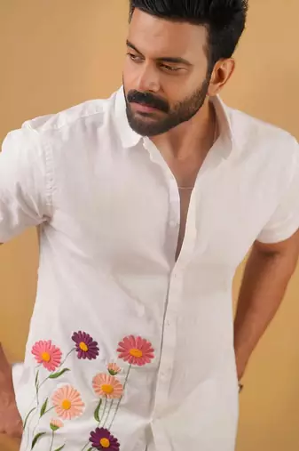 White flora embroided cotton shirt for mens