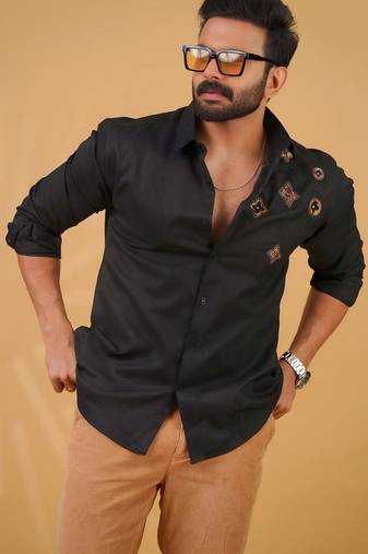 Black onyx embroided cotton shirt for mens