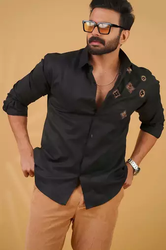 Black onyx embroided cotton shirt for mens