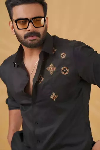 Black onyx embroided cotton shirt for mens