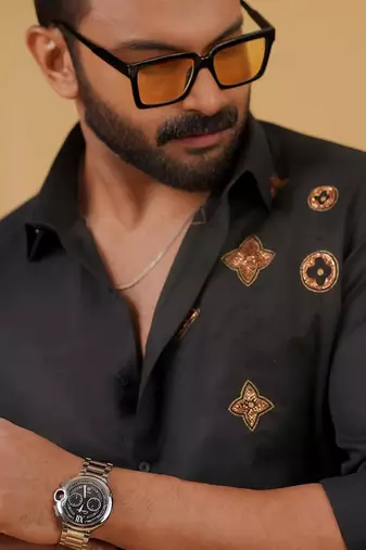 Black onyx embroided cotton shirt for mens
