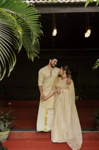 Tissue line gold kurta and mundu set