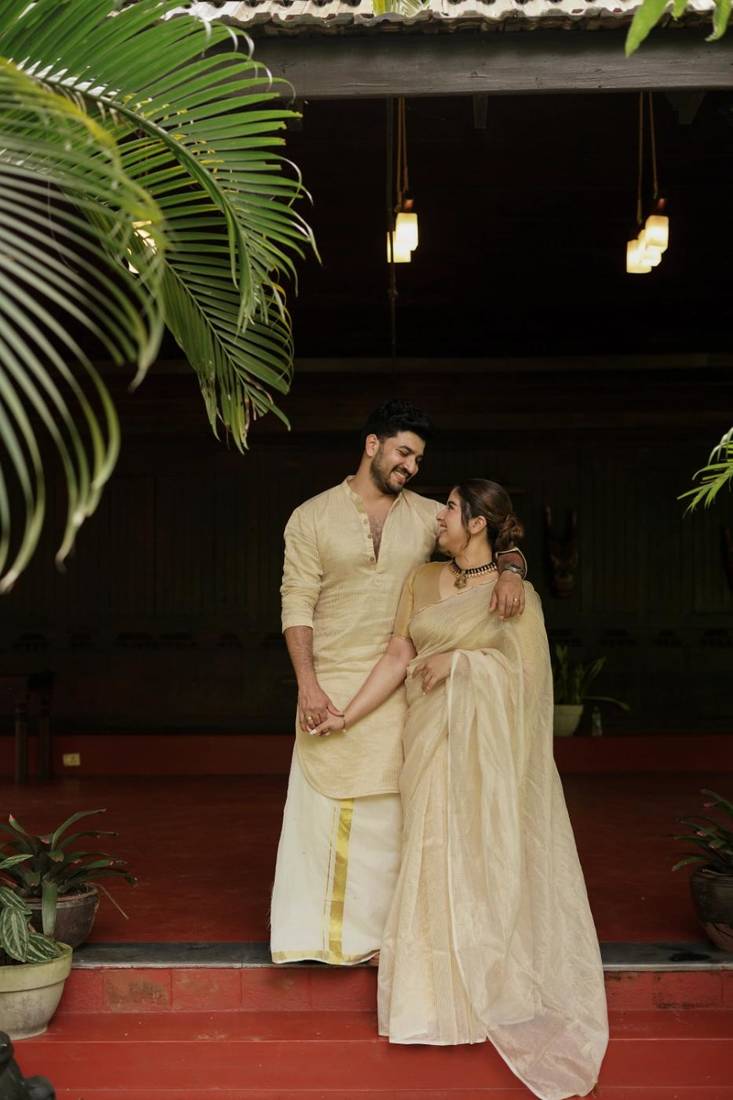Tissue line gold kurta and mundu set