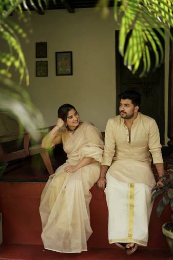Tissue line gold kurta and mundu set