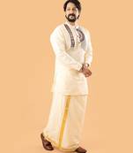 Kutch charm - off white collared kurta with kutch embroidery and mundu