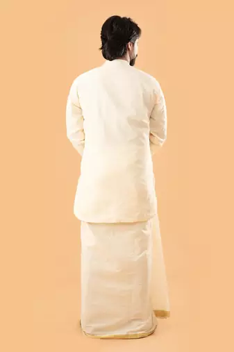 Kutch charm - off white collared kurta with kutch embroidery and mundu