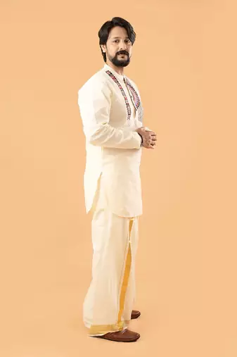 Kutch charm - off white collared kurta with kutch embroidery and mundu