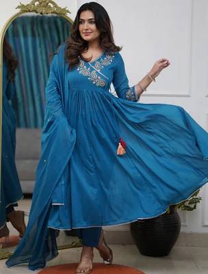 Blue embroidery viscose silk kurta set with chanderi dupatta for women 1