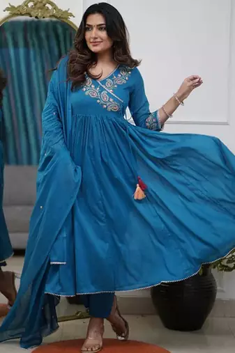 Blue embroidery viscose silk kurta set with chanderi dupatta for women