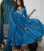 Blue embroidery viscose silk kurta set with chanderi dupatta for women