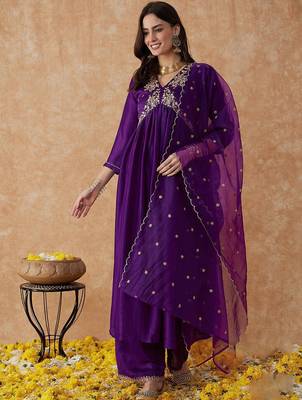 Purple embroidery vichitra silk aliya cut kurta set with organza dupatta 1