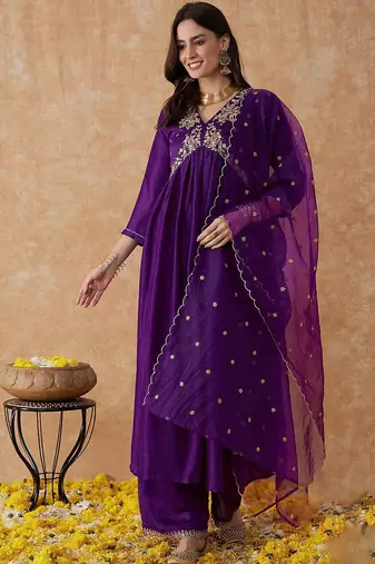 Purple embroidery vichitra silk aliya cut kurta set with organza dupatta