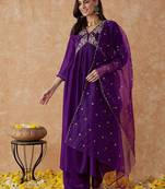 Purple embroidery vichitra silk aliya cut kurta set with organza dupatta