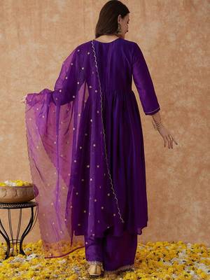 Purple embroidery vichitra silk aliya cut kurta set with organza dupatta 2