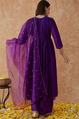 Purple embroidery vichitra silk aliya cut kurta set with organza dupatta