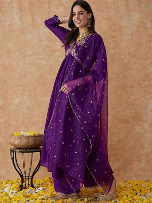 Purple embroidery vichitra silk aliya cut kurta set with organza dupatta 3
