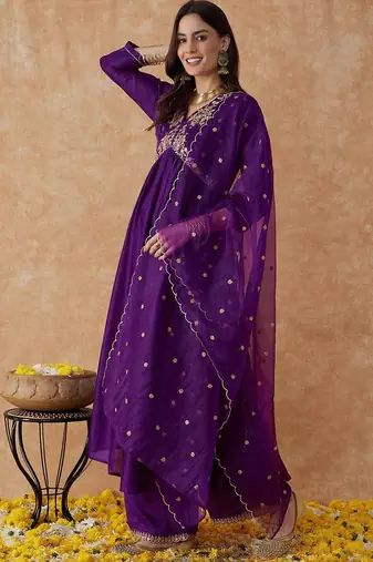 Purple embroidery vichitra silk aliya cut kurta set with organza dupatta