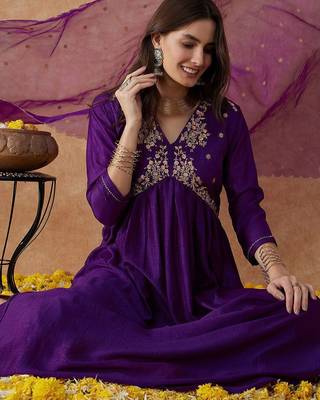 Purple embroidery vichitra silk aliya cut kurta set with organza dupatta 4