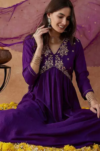 Purple embroidery vichitra silk aliya cut kurta set with organza dupatta