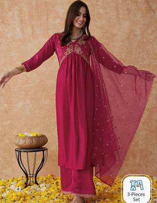 Pink embroidery vichitra silk aliya cut kurta set with organza dupatta 1