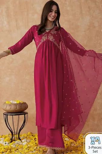 Pink embroidery vichitra silk aliya cut kurta set with organza dupatta