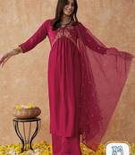 Pink embroidery vichitra silk aliya cut kurta set with organza dupatta