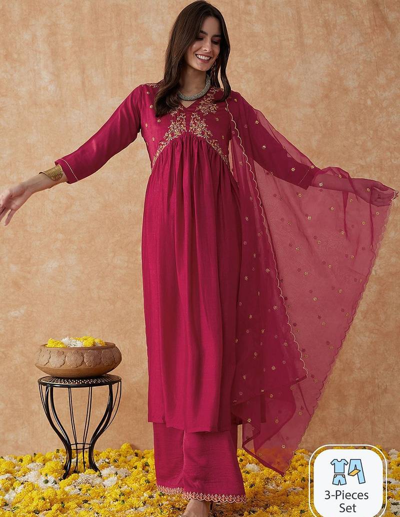 Pink embroidery vichitra silk aliya cut kurta set with organza dupatta