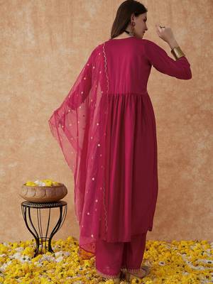 Pink embroidery vichitra silk aliya cut kurta set with organza dupatta 2