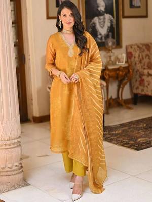 Mustard embroidery printed rayon straight kurta pant set with organza dupatta for women 1