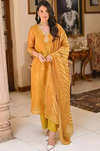 Mustard embroidery printed rayon straight kurta pant set with organza dupatta for women