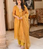 Mustard embroidery printed rayon straight kurta pant set with organza dupatta for women