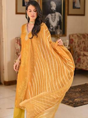 Mustard embroidery printed rayon straight kurta pant set with organza dupatta for women 2
