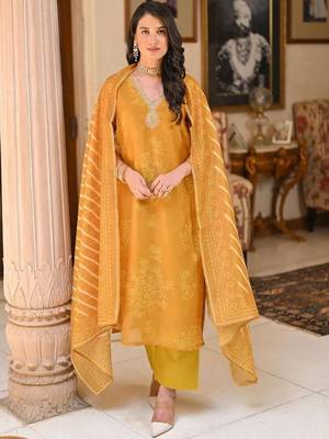 Mustard embroidery printed rayon straight kurta pant set with organza dupatta for women 3