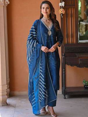 Blue embroidery printed rayon straight kurta pant set with organza dupatta for women 1