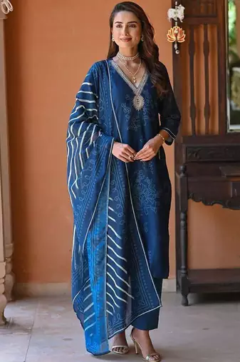Blue embroidery printed rayon straight kurta pant set with organza dupatta for women